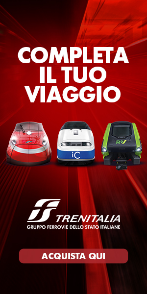 Pubblicità Trenitalia con treni e invito all'acquisto.